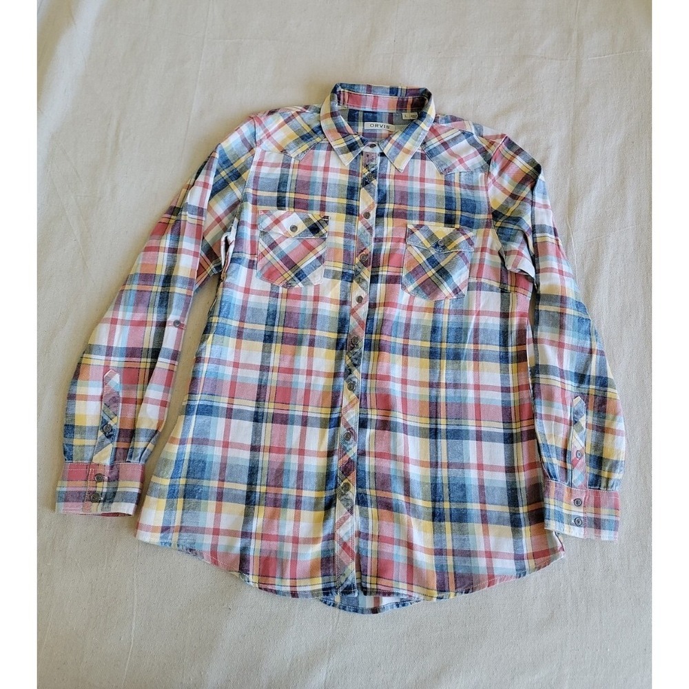 Orvis Shirt Button Up Mens L Plaid Red Blue Yellow Cotton Casual Preppy Dad Soft